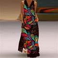 Voss Women Sleeveless Print V-Neck Maxi Dress Summer Party Cami Dress With Pockets
