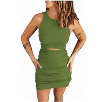 Oavqhlg3b Ruched Bodycon Dresses For Women Party Night Sexy Mini Sleeveless Solid Waist Cut Out Crewneck Casual Cocktail Dress
