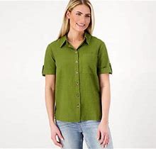 Joan Rivers Linen Camp Shirt With Horn Buttons, Size Small, Light Olive