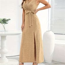Solid Color Split Thigh Slit Dress, Women's Elegant Skinny Sleeveless Women's Clothing Dress For Party,Handpicked,Temu