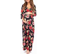 Mother Bee Maternity V-Neck 3/4 Sleeve Ruched Waist Dress