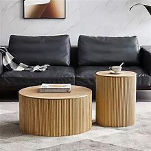 Japandi Round Wood Coffee Table Set Of 2 With Storage In Natural