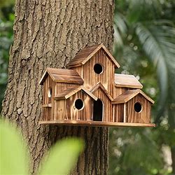 Bird House, Bird House For Outside, Wooden Bird Houses For Outside Hanging, 6 Hole Handmade Natural Bird House