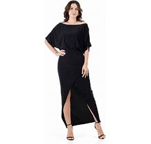 24Seven Comfort Apparel Womens Long Sleeve V Neck Side Slit Maxi Dress-Black-M