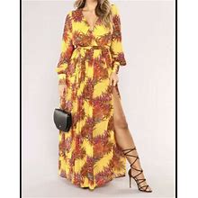 Fashion Nova Tropical Palm Mustard Maxi Dress