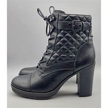 G By Guess Boots Size 10 m Black Zip Block Heel Combat Buckle Lace Up Quilted