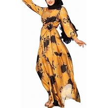 Genema Women Muslim Puff Sleeve Maxi Dress Floral Print Belted Islamic Robe Prom Kaftan
