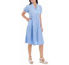 Crown & Ivy Women's Petite Short Sleeve Ruffle Neck Dress, Blue, Pxl