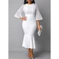 Rotita Women's White Midi Dress Flare Sleeve Round Neck Mesh Panel Mermaid Dress - Small