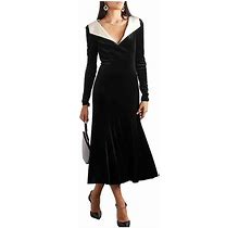 Women Formal Evening Dress Velvet V-Neck Dinner Party Dresses Winter Slim High Waisted Pleated Dress Black M