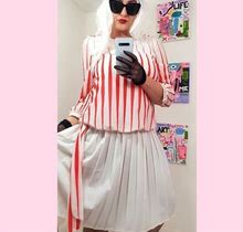 80S Vintage, Women's Dress, Long Sleeve, Crew Neckline, Below Knee, Striped, White And Red, Pleated Bottom, Size L