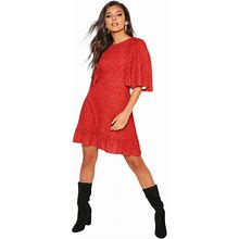 Boohoo Dresses | Beautiful Polka Dot Flute Sleeved Skater Dress | Color: Black/Red | Size: M