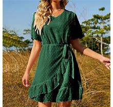 Vkekieo Womens Dresses Sun Dress V-Neck Short Sleeve Floral Green S