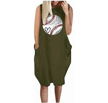 Sun Dress Fun Graphic Print Crew Neck Two Pocket 3/4 Sleeve Dress Baseball Loose Dress Green Dress 4XL