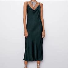 Zara Dresses | Zara Green Satin Midi Dress | Color: Green | Size: Xs