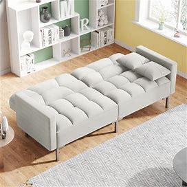 Linen Upholstered Loveseat Modern Convertible Sofa Sleeper Folding Sofa Bed - White