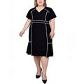 Ny Collection Plus Size Short Sleeve Piped Detail Dress - Black White