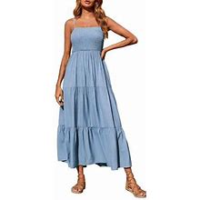 Women Summer Dresses Bohemian Spaghetti Strap Ruffle Tiered Long Beach Sundress Smocked Casual Sleeveless Maxi Dress
