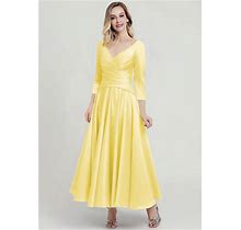 STACEES Mother Of The Bride Dress Satin A-Line V Neck 3/4 Sleeve Ankle-Length Pleated - Daffodil