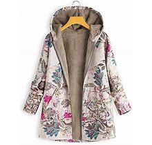 Womens Cotton Jacket Printing Floral Hooded Fleece Mid Length Coat