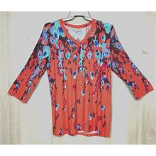 Northstyle Womens XL Coral Multicolor Floral Cascade 3/4 Sleeve Stretch Knit Top