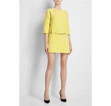 Gucci Women's Yellow Half-Sleeve Tweed Belted Knit Crew-Neck Dress S
