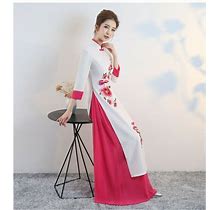 Womens Elegant Vietnamese Flower Embroidered Oriental Style Dress Ao Dai Gown