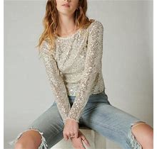 Lucky Brand Sequin Knit Top - Women's Clothing Knit Tops Tee Shirts In Champagne, Size XS