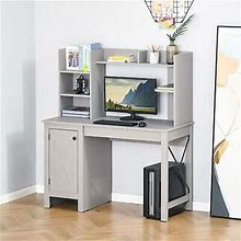 Farmhouse Computer Desk W/ Hutch Tabletop Cabinet, Home Office Study, Light Grey