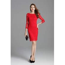 Classic Red Lace Overlay Sheath Short Cocktail Dress With 3/4 Sleeves