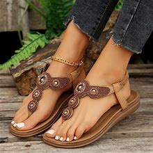 Faux Leather Open Toe Thong Sandals, Women's Summer Clip Elastic Slip On Casual Beach Shoes,Light Brown,All-New,Temu