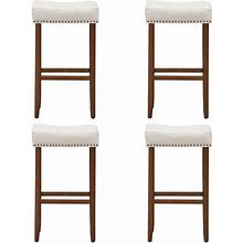 Set Of 4 29" Nailhead Saddle Bar Stools With Fabric Seat & Solid Wood Legs Beige