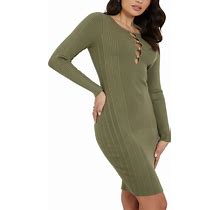 Guess Women's Melissa Long-Sleeve Ribbed Knit Bodycon Dress - Lichen Leaf Green - Size L