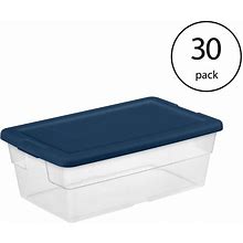 Sterilite Stackable 6 Qt Storage Box Container, Clear, Marine Blue Lid (30 Pack)