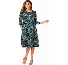 Plus Size Women's Three-Quarter Sleeve T-Shirt Dress By Jessica London In Frost Teal Paisley (Size 12 W)