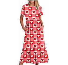 Hombom Crew Neck 1950 Dresses Women Short Sleeve A-Line Dresses Mid-Length Red Heart Print Casual Dresses S