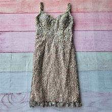 Mac Duggal Dresses | Mac Duggal Beaded Lace Bodycon Sheath Formal Knee Length Cocktail Dress 8 | Color: Cream/Silver | Size: 8