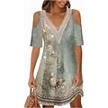 Akivide Womens Boho Floral Printed Cold Shoulder Dresses Beach Summer Vacation Casual Loose Knee Length Shift Tunic Dress