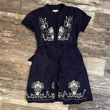 Freelance Dresses | Navy Dress With Cream Embroidery. Front Loop And Covered Buttons Closure. | Color: Blue/Cream | Size: L