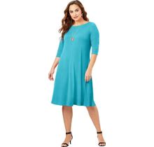 Plus Size Women's Ultrasmooth® Fabric Boatneck Swing Dress By Roaman's In Deep Turquoise (Size 18/20) Stretch Jersey 3/4 Sleeve Dress