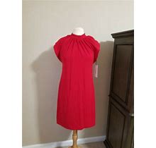 Red Calvin Klein Mock Neck Dress Womens Size 6 Ruffle Sleeves $134