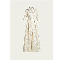Rickie Freeman For Teri Jon Belted Jacquard Shirtdress Gown, Champagne, Women's, 4, Evening Formal Gala Gowns Mother Of The Bride Groom Evening Gowns