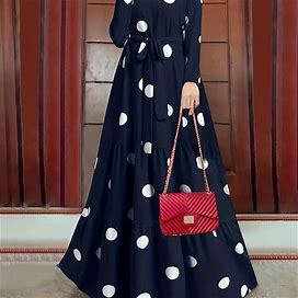 Polka Dot Print Maxi Dress, Elegant Keyhole Long Sleeve Dress, Women's Clothing,Navy Blue,White,Reliable,Temu