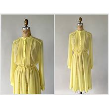 Vintage 80S Dress, 1980S Sheer Yellow Chiffon Poly Shirtdress, Pleated Blouson Midi Dress, Pearl Buttons, Puff Sleeve Elastic Waist, Small