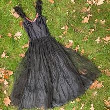 XS 40S Black Taffeta Gown With Tulle Skirt And Sequins Witchy Dress Sweatheart Neckline 1940S 50S 1950S