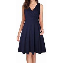 Finelylove Formal Midi Dress Petite Formal Dresses For Women V-Neck Solid Sleeveless A-Line Blue M