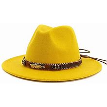 HUDANHUWEI Men Women Ethnic Felt Fedora Hat Wide Brim Panama Hats With Band (Yellow, L (Hat Circumference 22.8"-23.6"))