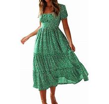 Summer Dresses 2023 Trendy Square Neck Short Lantern Sleeve Floral High Waist Ruffle Aline Midi Maxi Dress With Sleeves Petite Green M