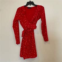 Prettylittlething Dresses | Red With White Stars Wrap Dress | Color: Red/White | Size: 6