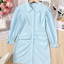 Girls Solid Ruched Detail Collar Long Sleeve Shirt Dress For Going Out School, Girl's Dresses Gift,Light Blue,Handpicked,Temu